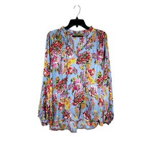 Azel Hazel Womans Blouse Top Sz M Blue Floral Long Sleeve V Neck Ruffle Neckline